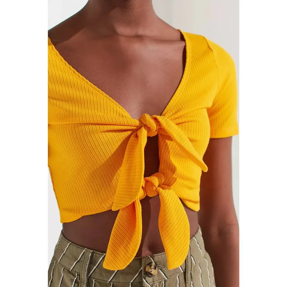 Urban Outfitters Mustard Yellow Ribbed Tie-Front Crop Top Women's Small Festival - Picture 10 of 14